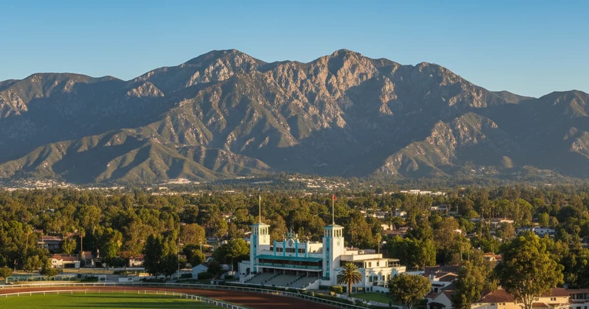 Overview of Monrovia California showing Old Town Myrtle Avenue, San Gabriel Mountains backdrop, and residential neighborhoods